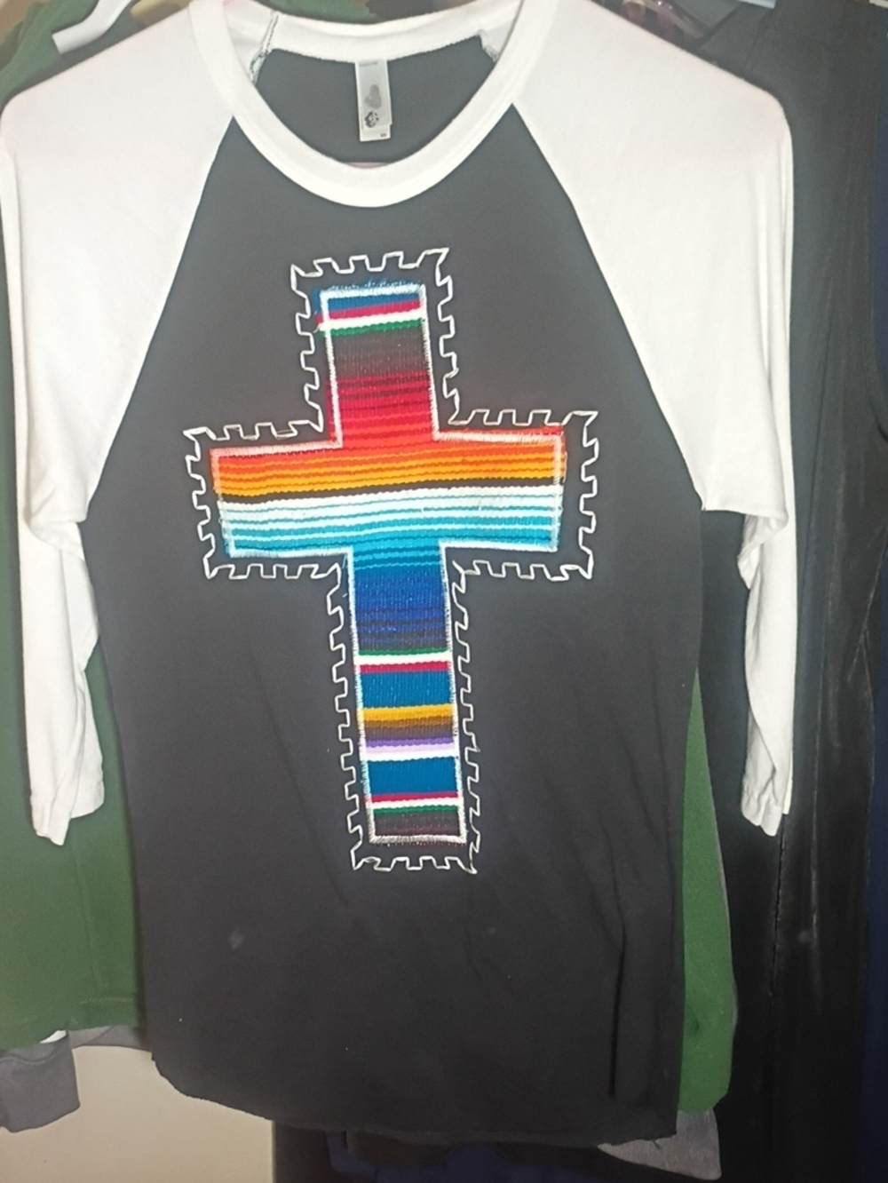 Womens Black & White Raglan Tee with Colorful Cross Graphic
